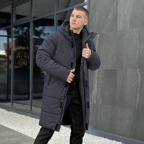 Чоловіча подовжена зимова куртка у темно-сірому кольорі owku3013dge фото