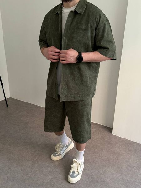 Чоловічий oversize комплект сорочка + шорти у кольорі хакі bm348-S фото