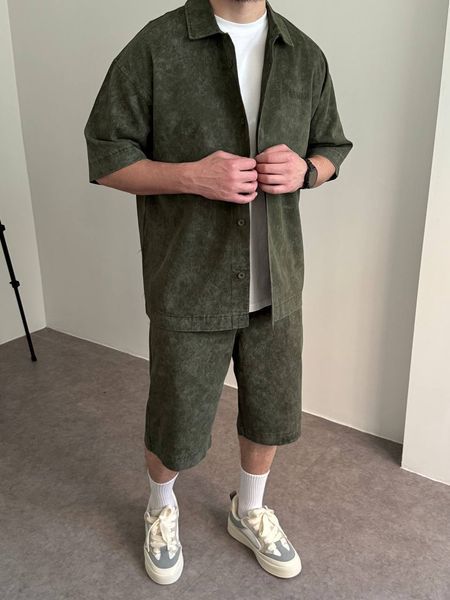 Чоловічий oversize комплект сорочка + шорти у кольорі хакі bm348-S фото