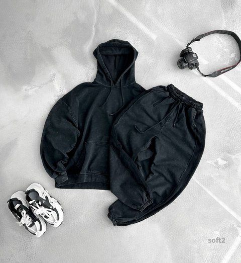 Мужской спортивный костюм худи + брюки в черном цвете soft2 фото