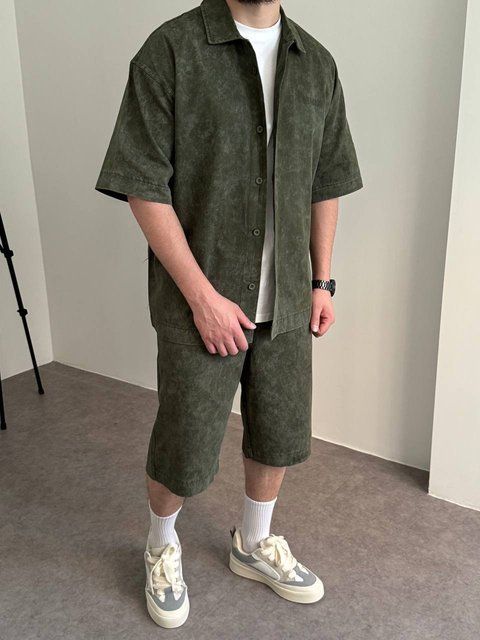 Чоловічий oversize комплект сорочка + шорти у кольорі хакі bm348-S фото