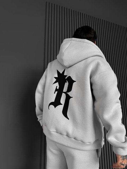 Чоловіча oversize кофта з принтом у сірому кольорі xu23 фото