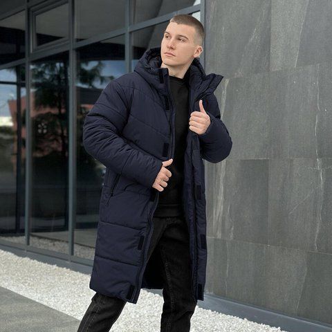Чоловіча подовжена зимова куртка у темно-синьому кольорі owku3013db фото