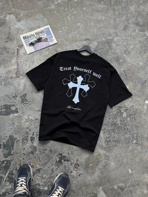 Чоловіча oversize футболка з принтом у чорному кольорі rd395 фото