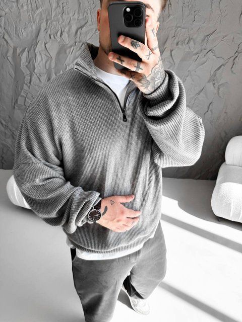 Чоловічий oversize светр на блискавці у  графітовому кольорі sz5 фото