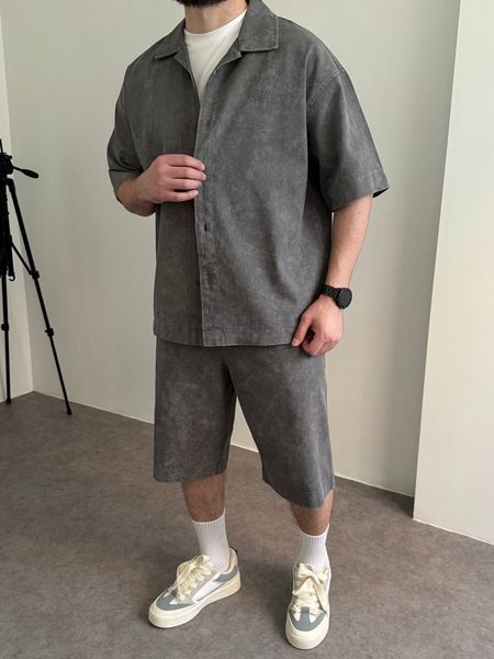Мужской oversize комплект рубашка + шорты в сером цвете bm349-S фото