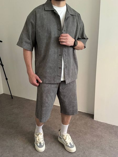 Мужской oversize комплект рубашка + шорты в сером цвете bm349-S фото