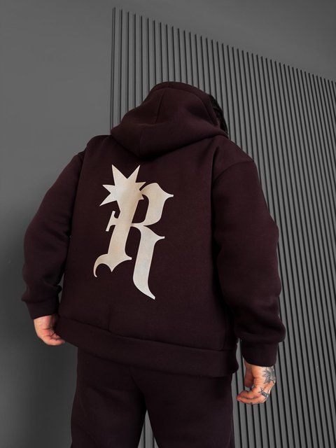 Чоловіча oversize кофта з принтом у коричневому кольорі xu24 фото