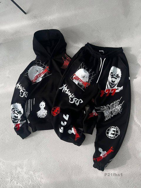 Мужской oversize костюм с принтом в черном цвете p21fhs1 фото