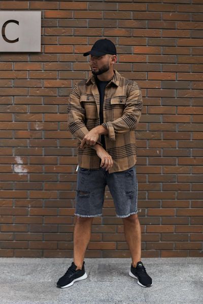 Мужская байковая oversize рубашка в коричневом цвете 124741211 фото