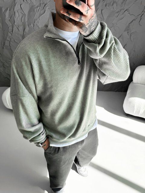 Чоловічий oversize светр на блискавці у зеленому кольорі sz4 фото