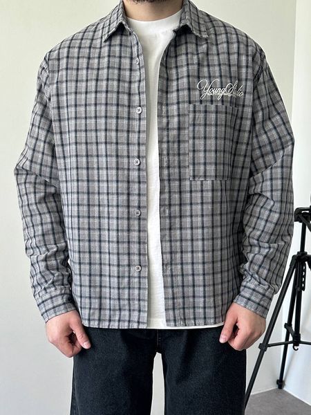 Мужская oversize рубашка в клетку в сером цвете vm910-S фото
