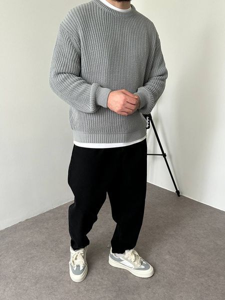 Мужской вязаный oversize свитер в сером цвете la155 фото