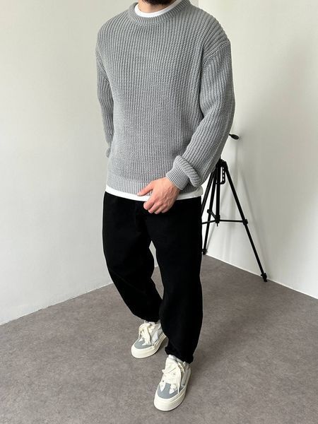 Мужской вязаный oversize свитер в сером цвете la155 фото