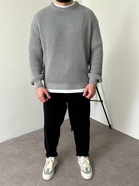 Мужской вязаный oversize свитер в сером цвете la155 фото