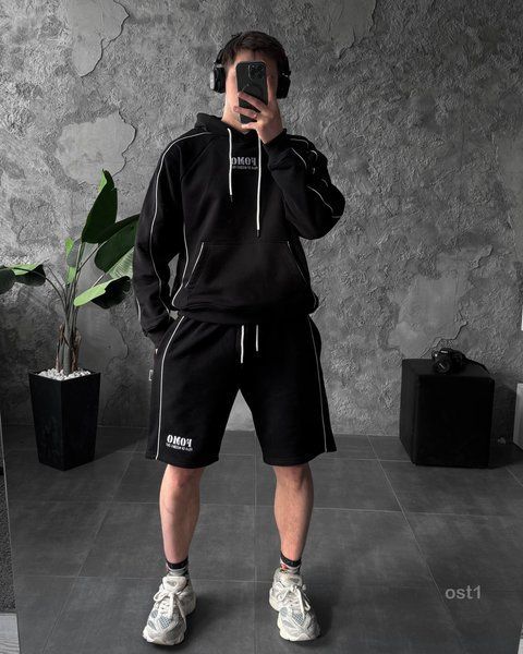 Чоловічий oversize костюм худі+шорти у чорному кольорі ost1-S фото