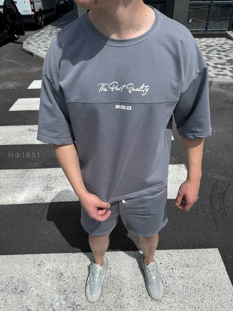 Чоловічий oversize костюм футболка + шорти у сірому кольорі нф1851 фото