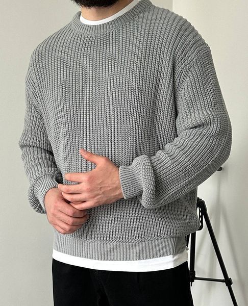 Мужской вязаный oversize свитер в сером цвете la155 фото