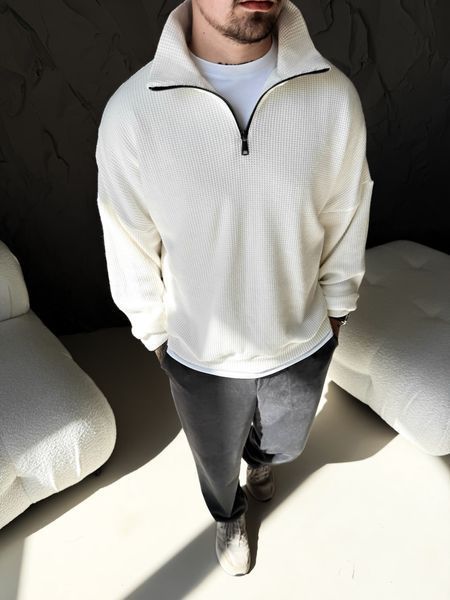 Чоловічий oversize светр на блискавці у білому кольорі sz3 фото