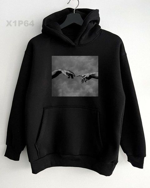 Чоловіче oversize худі з принтом на флісі у чорному кольорі x1p64 фото