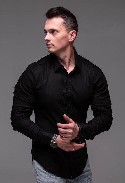 Чоловіча лляна сорочка у чорному кольорі 2389bl фото