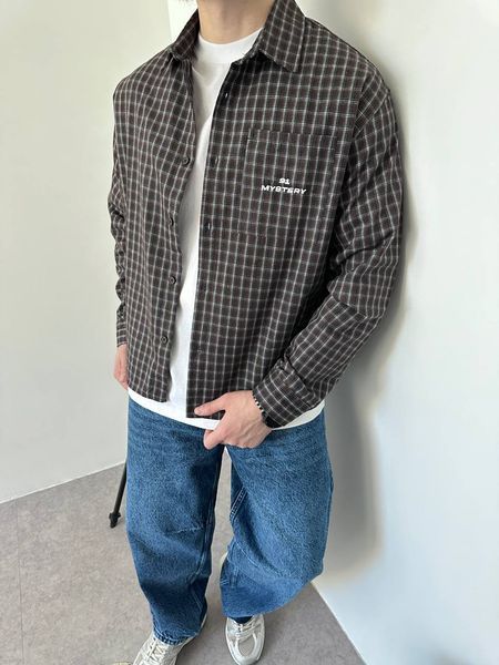 Мужская oversize рубашка в клетку в коричневом цвете vm913-S фото