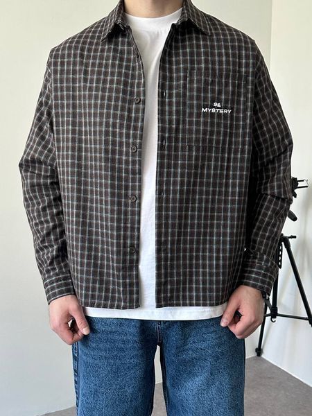 Мужская oversize рубашка в клетку в коричневом цвете vm913-S фото