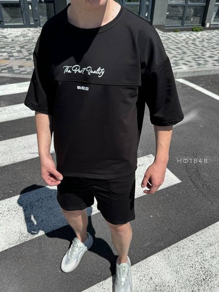 Чоловічий oversize костюм футболка + шорти у чорному кольорі нф1848 фото
