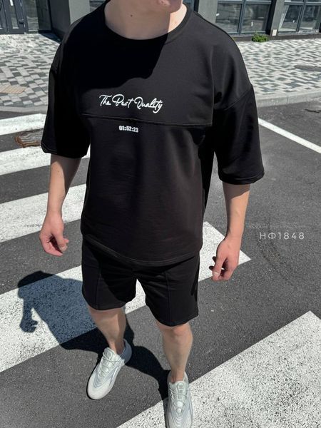 Чоловічий oversize костюм футболка + шорти у чорному кольорі нф1848 фото