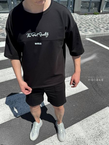 Чоловічий oversize костюм футболка + шорти у чорному кольорі нф1848 фото
