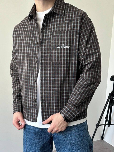 Мужская oversize рубашка в клетку в коричневом цвете vm913-S фото