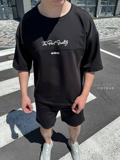 Чоловічий oversize костюм футболка + шорти у чорному кольорі нф1848 фото
