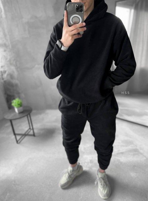 Мужской oversize флисовый костюм в черном цвете hs5 фото