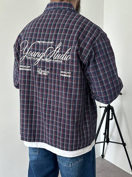 Мужская oversize рубашка в клетку в бордовом цвете vm912-S фото