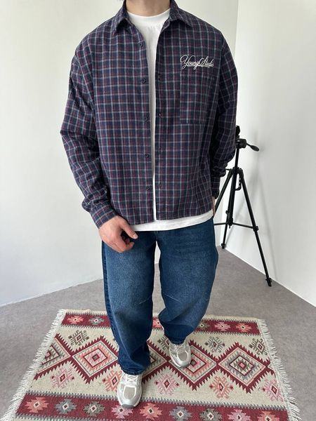 Мужская oversize рубашка в клетку в бордовом цвете vm912-S фото