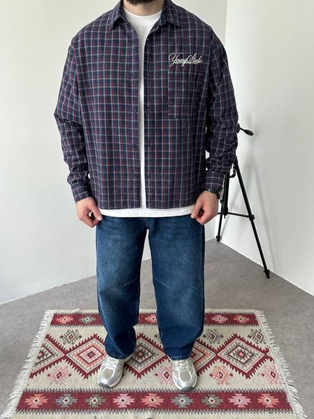 Мужская oversize рубашка в клетку в бордовом цвете vm912-S фото
