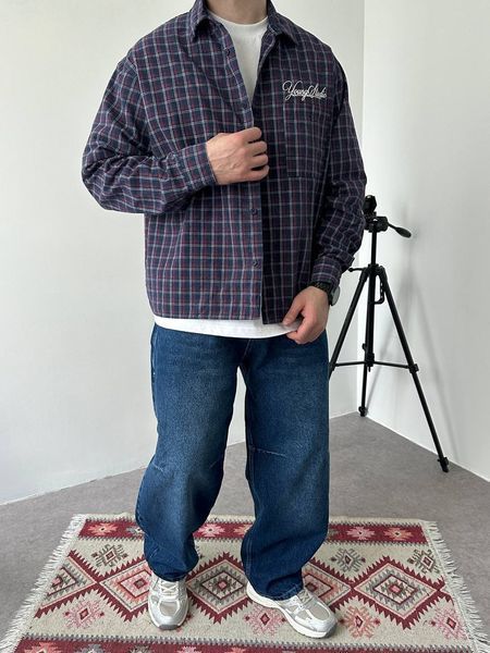 Мужская oversize рубашка в клетку в бордовом цвете vm912-S фото