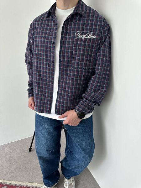 Мужская oversize рубашка в клетку в бордовом цвете vm912-S фото