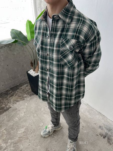 Мужская байковая oversize рубашка в клетку r147 фото