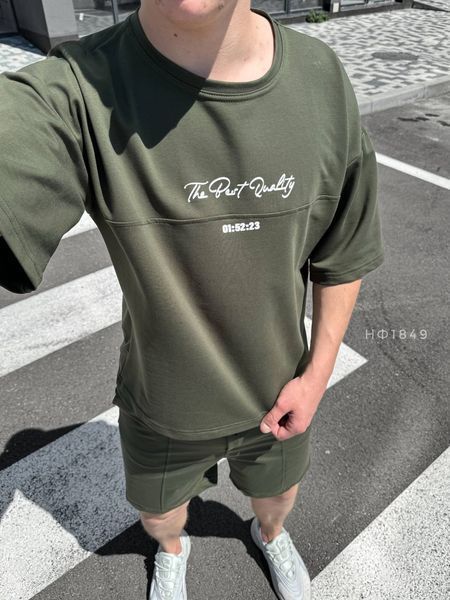 Чоловічий oversize костюм футболка + шорти у кольорі хакі нф1849 фото
