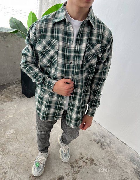 Мужская байковая oversize рубашка в клетку r147 фото