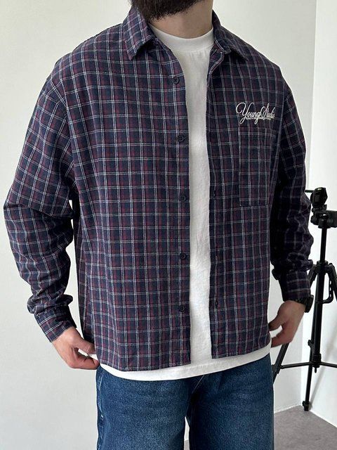 Мужская oversize рубашка в клетку в бордовом цвете vm912-S фото