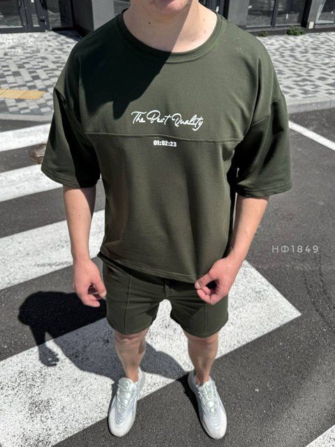 Чоловічий oversize костюм футболка + шорти у кольорі хакі нф1849 фото