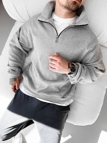 Чоловічий oversize светр на блискавці у сірому кольорі sz1 фото