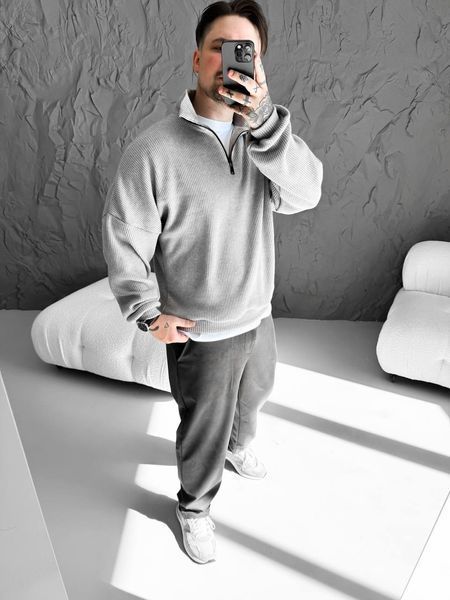 Чоловічий oversize светр на блискавці у сірому кольорі sz1 фото
