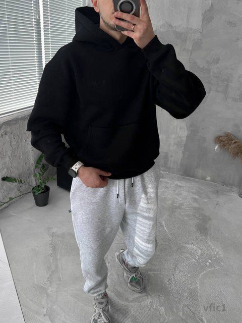 Мужское oversize худи на флисе в черном цвете vfic1 фото