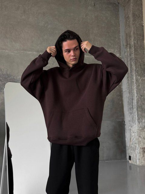 Мужское oversize худи на флисе в коричневом цвете rd419 фото
