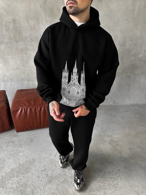 Мужской oversize спортивный костюм с принтом в черном цвете kos35 фото