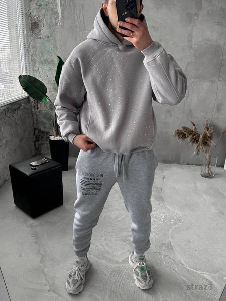 Чоловіче oversize худі зі стразами у сірому кольорі straz3 фото
