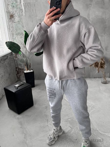 Чоловіче oversize худі зі стразами у сірому кольорі straz3 фото